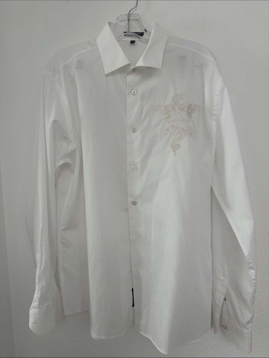 Balmain White Button-Down Dress Shirt With Embroidered Crest